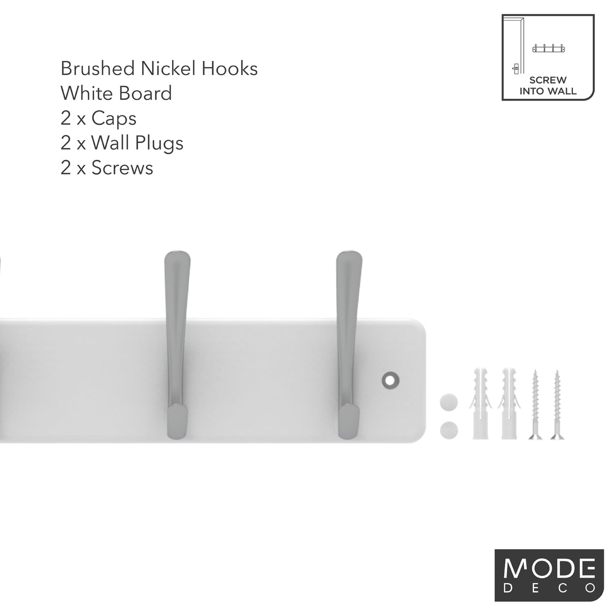 6 Brushed Nickel Hooks on White Board Hat & Coat Rack