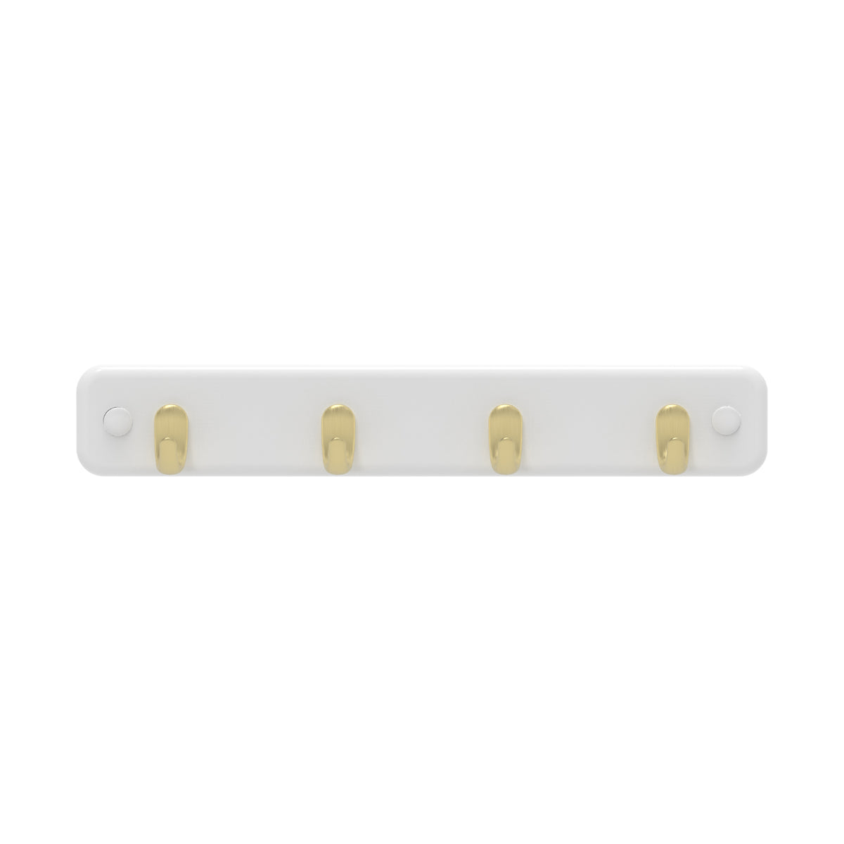 4 Brushed Brass Hooks on White Board Key Rack