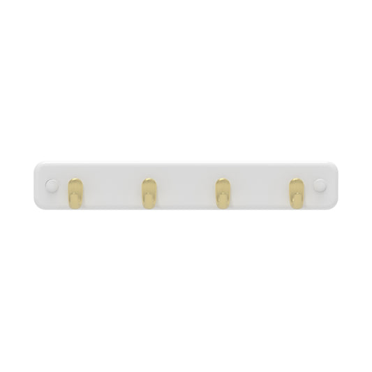 4 Brushed Brass Hooks on White Board Key Rack