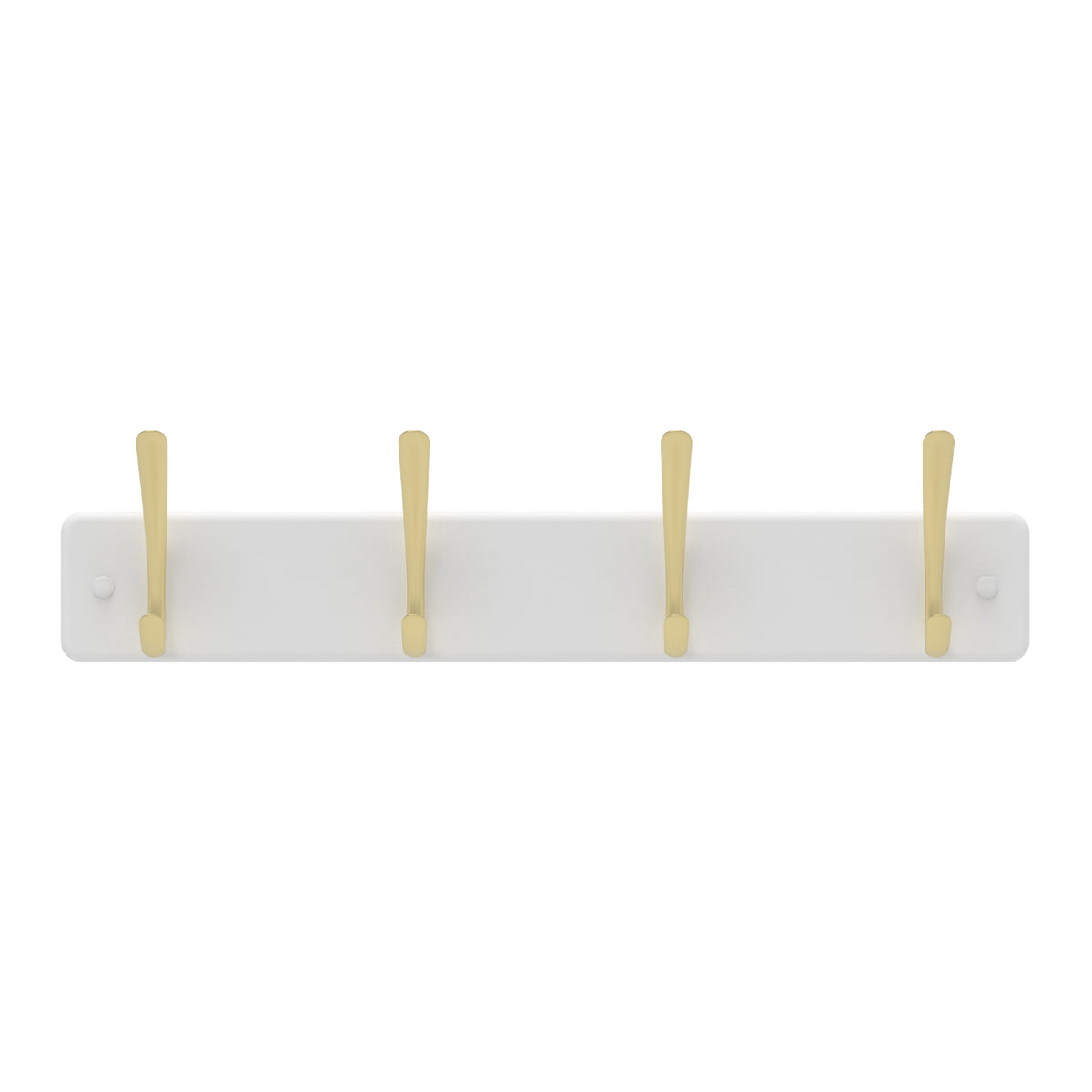 4 Brushed Brass Hooks on White Board Hook Rack