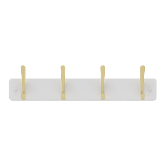 4 Brushed Brass Hooks on White Board Hook Rack