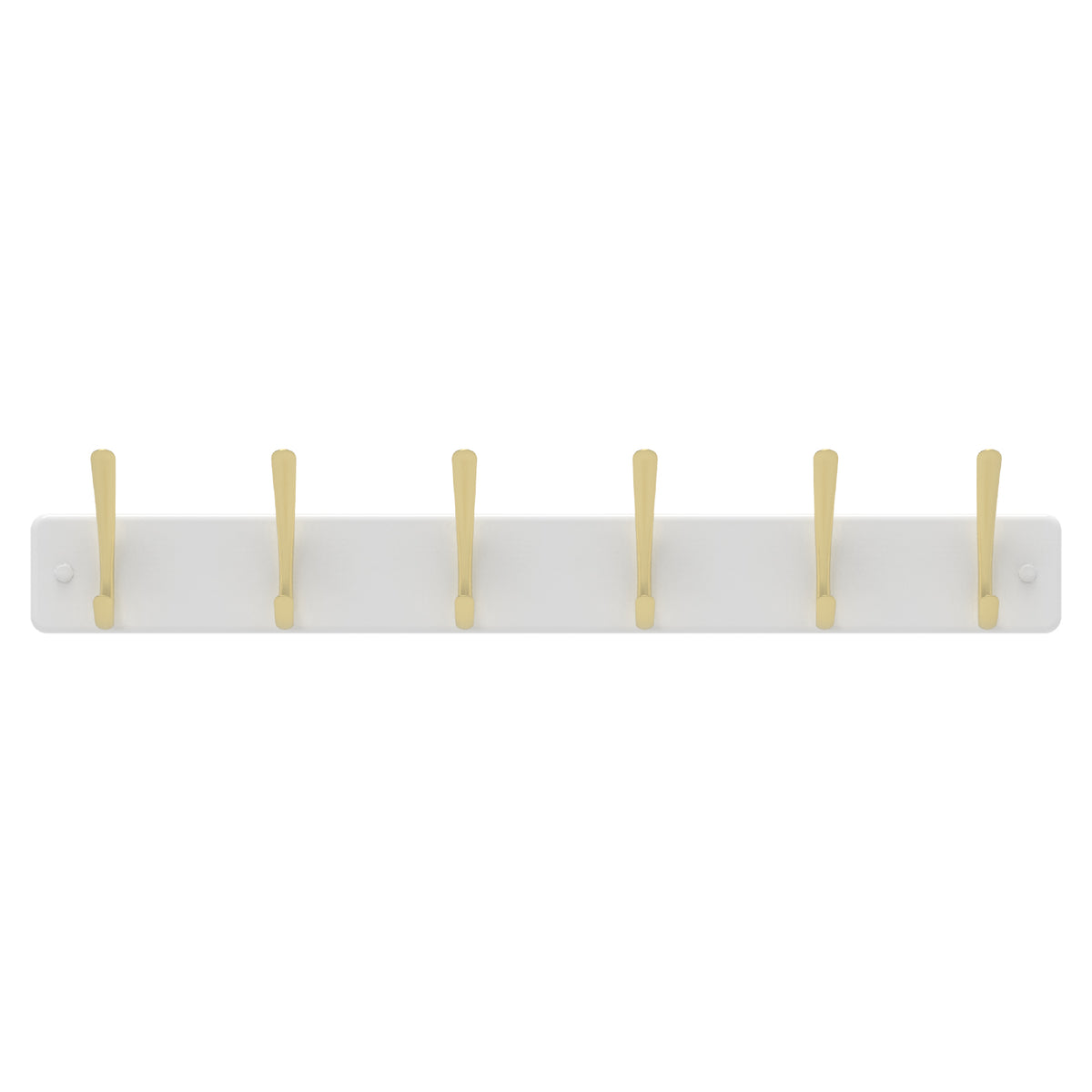 6 Brushed Brass Hooks on White Board Hat & Coat Rack