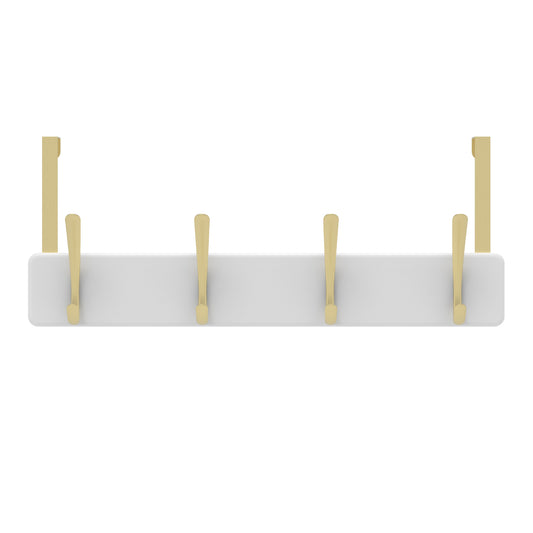 4 Brushed Brass Hooks on White Board Over Door Hook
