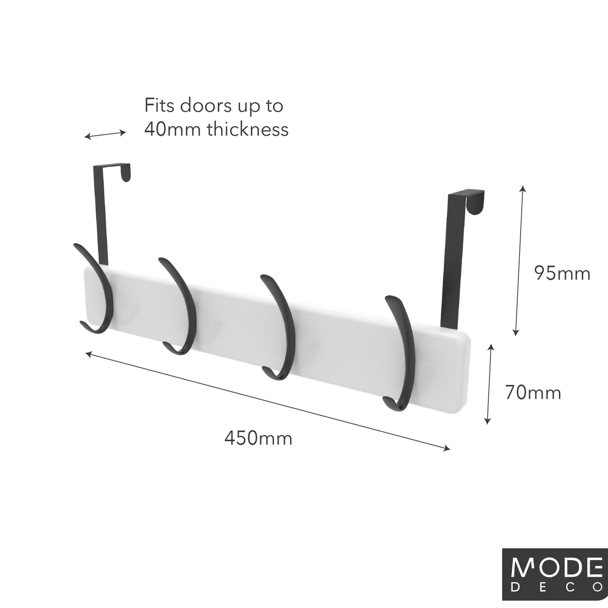 4 Black Hooks on White Board Over Door Hook