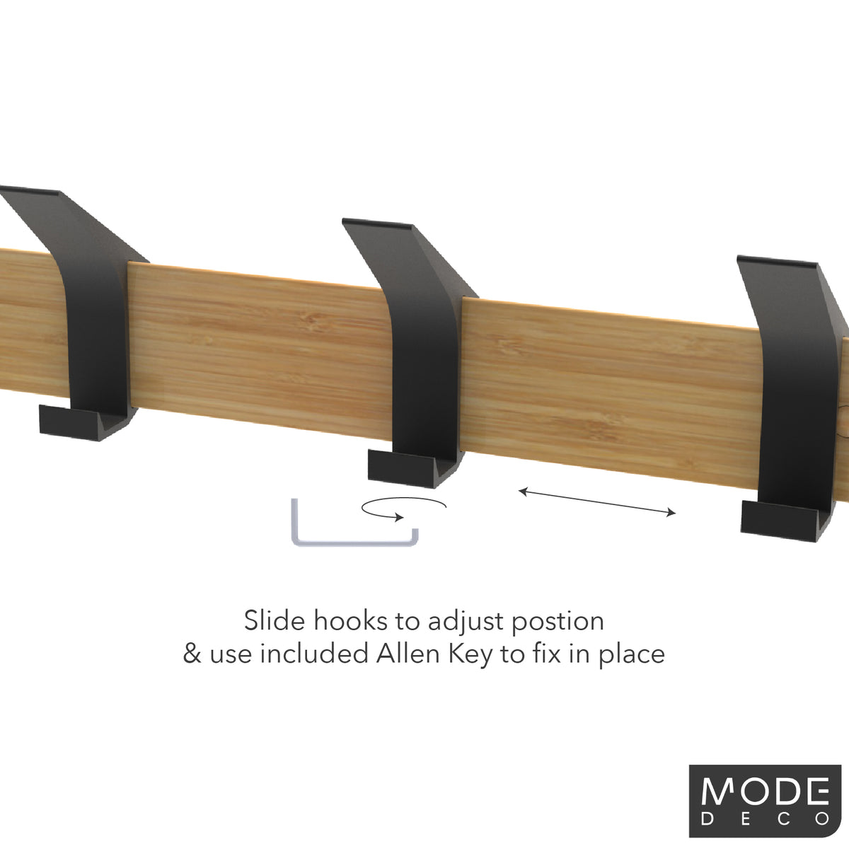 4 Black Sliding Hooks on Bamboo Board Hat & Coat Rack