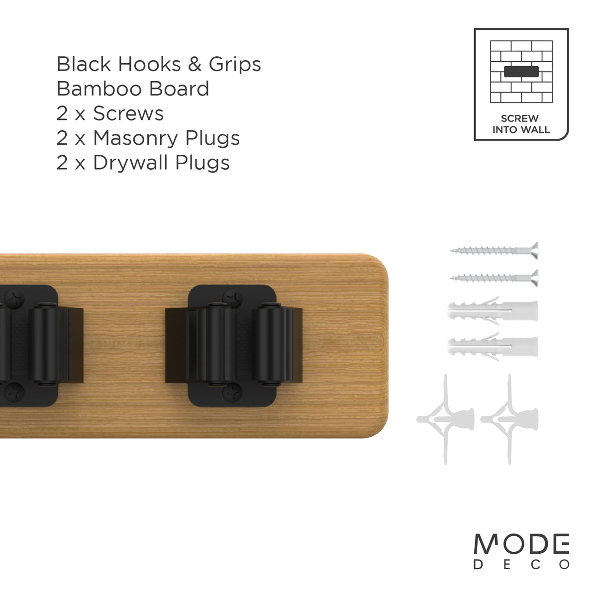 3 Hooks & 3 Grips on Bamboo Board Hook Rack
