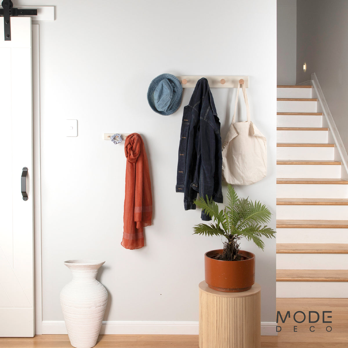 5 Timber Hooks on Beige Board Hook Rack
