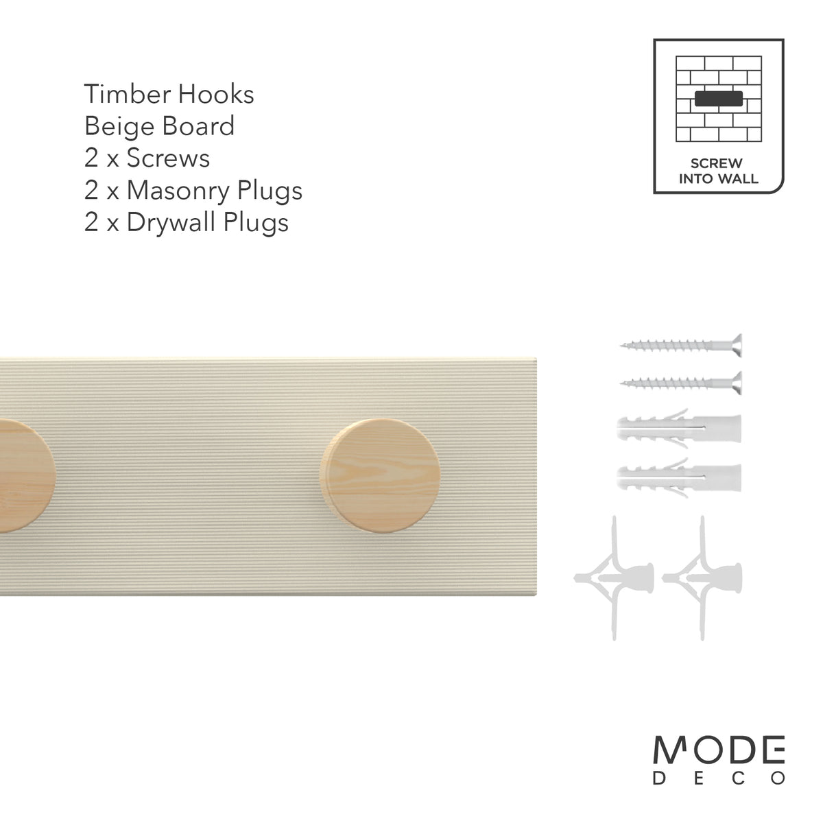 5 Timber Hooks on Beige Board Hook Rack