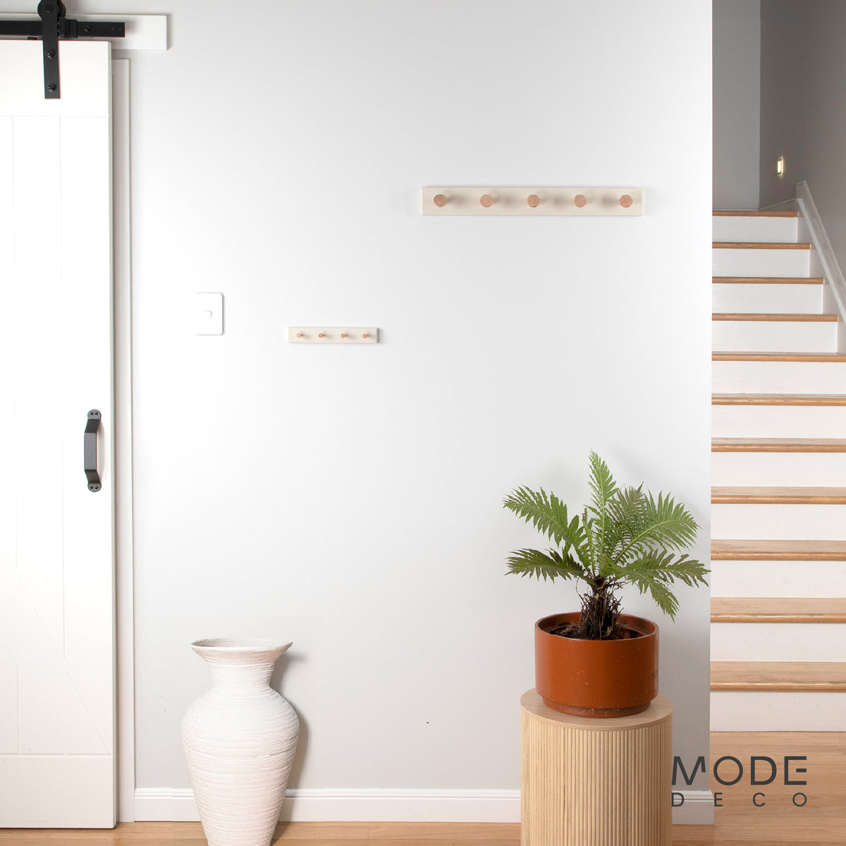 5 Timber Hooks on Beige Board Hook Rack