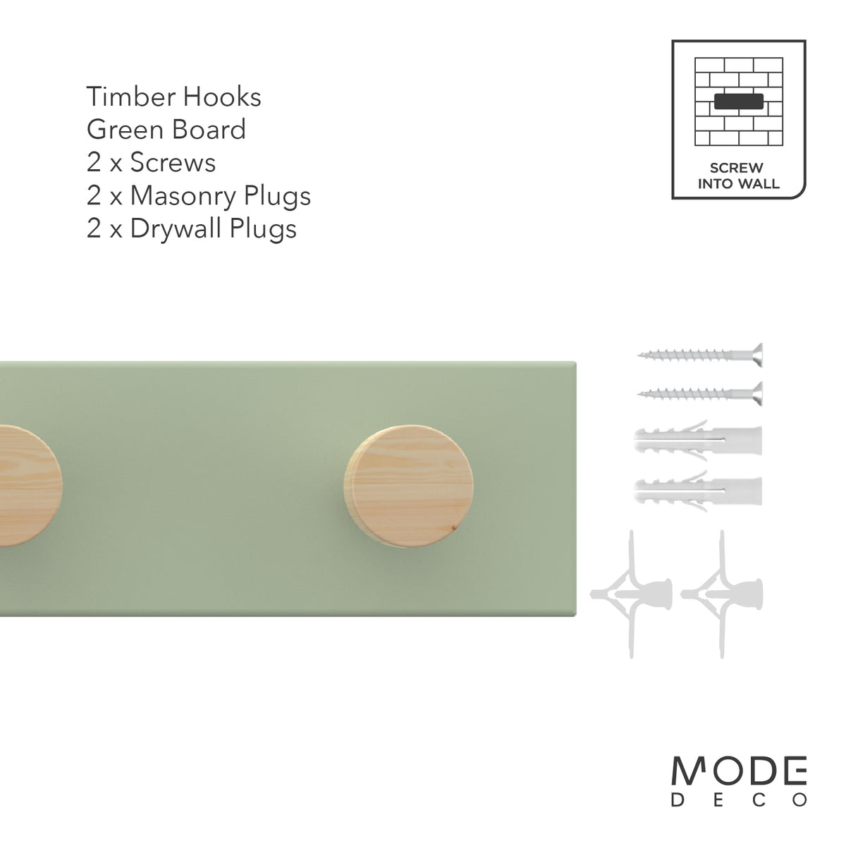 5 Timber Hooks on Green Board Hook Rack