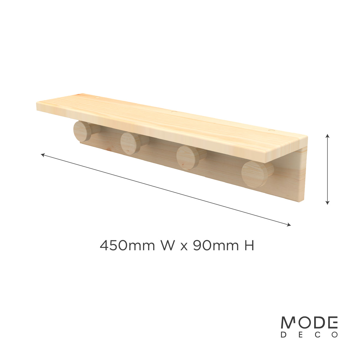 4 Timber Hooks on Pine Board with Shelf