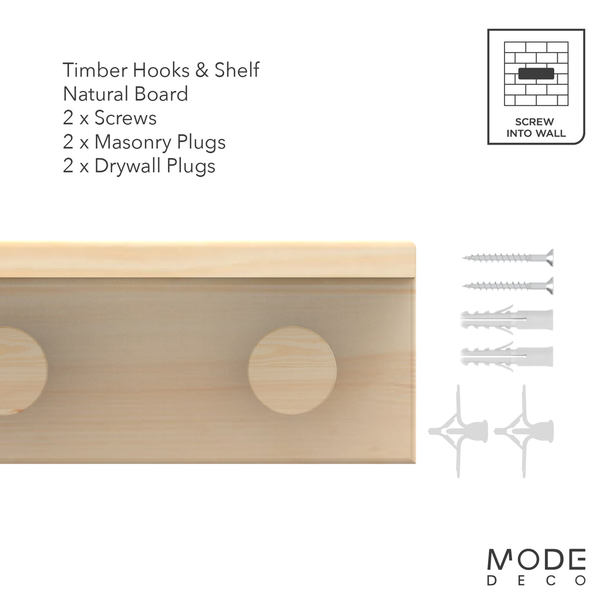 4 Timber Hooks on Pine Board with Shelf