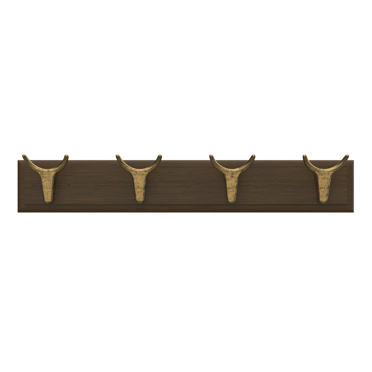 4 Brass Cow Hooks on Oak Board Hook Rack