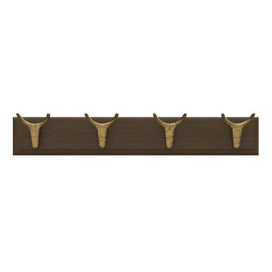4 Brass Cow Hooks on Oak Board Hook Rack