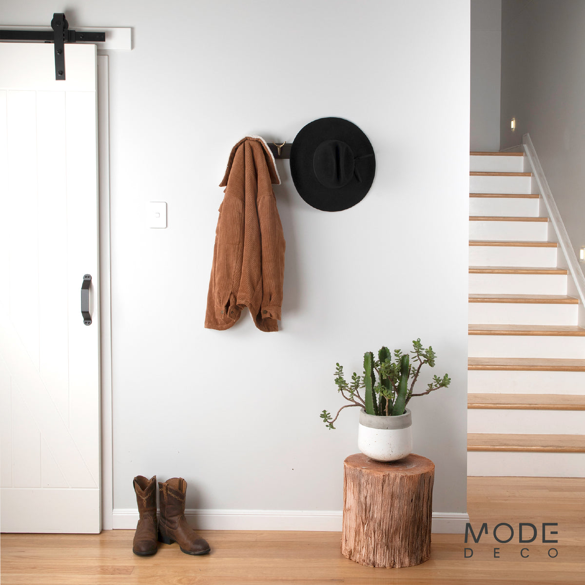 4 Brass Cow Hooks on Oak Board Hook Rack