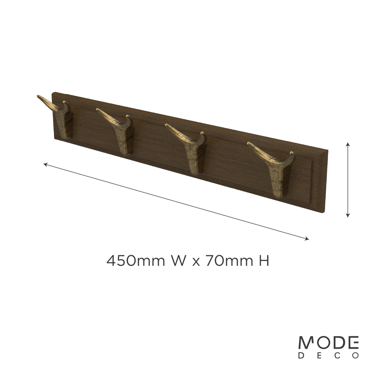 4 Brass Cow Hooks on Oak Board Hook Rack