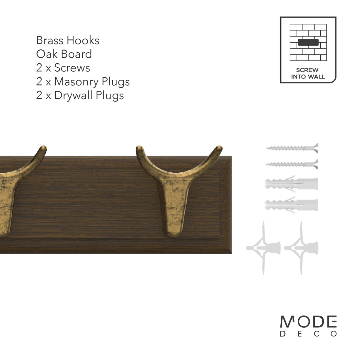 4 Brass Cow Hooks on Oak Board Hook Rack