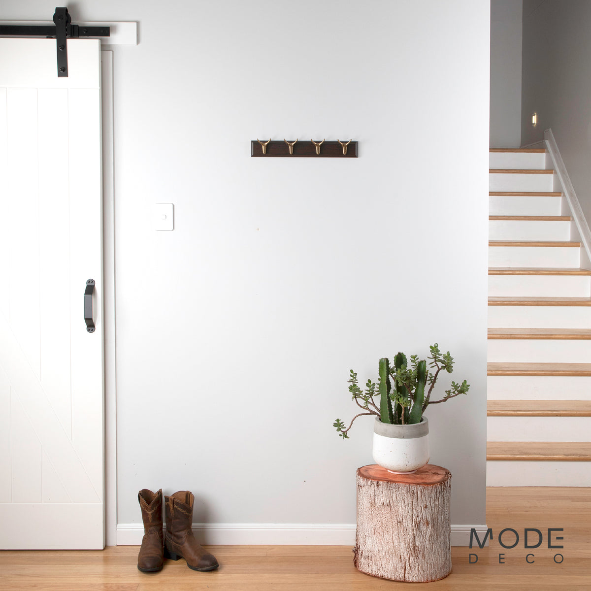 4 Brass Cow Hooks on Oak Board Hook Rack