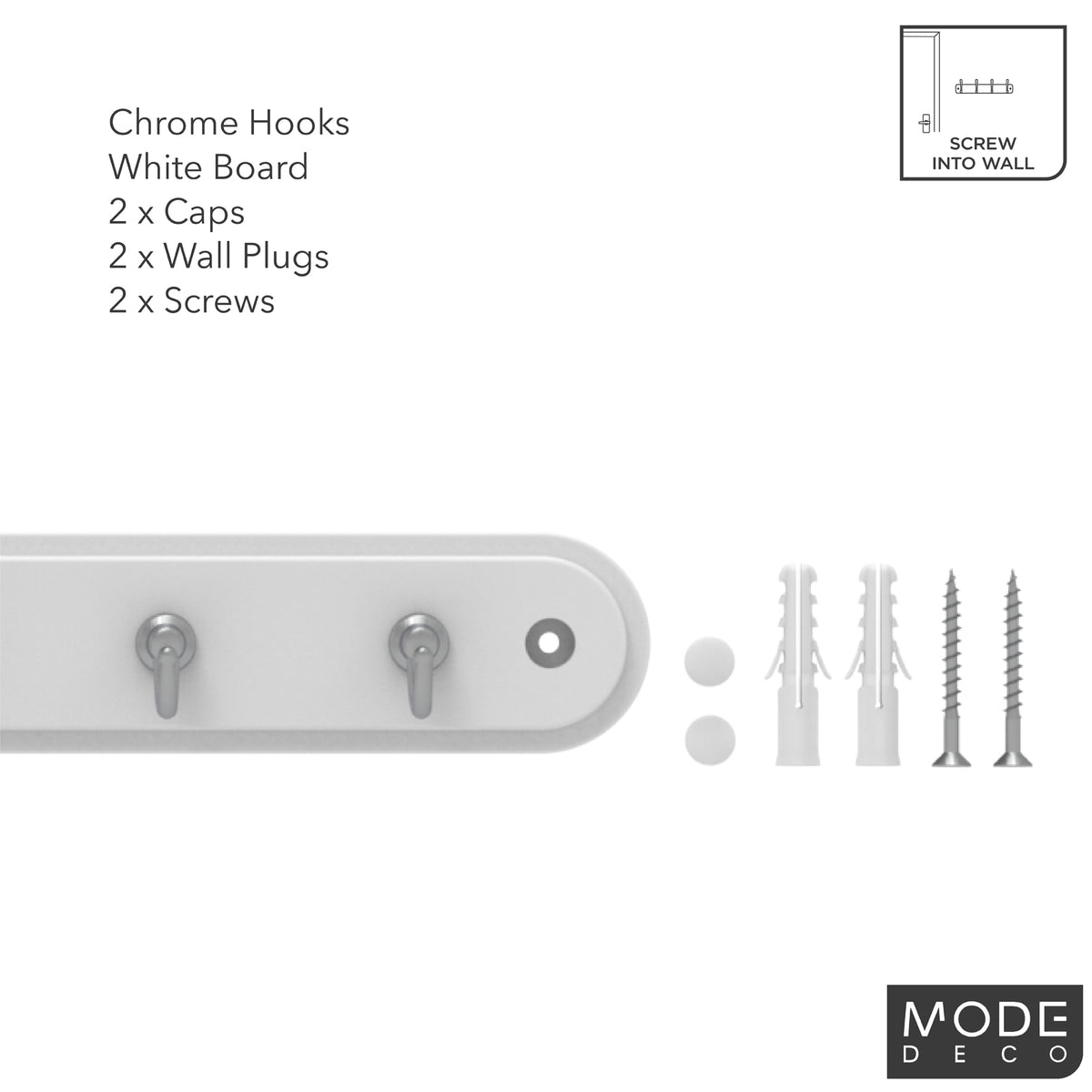 7 Chrome Hooks on White Board Key Rack