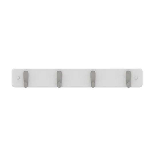 4 Brushed Nickel Hooks on White Board Hook Rack