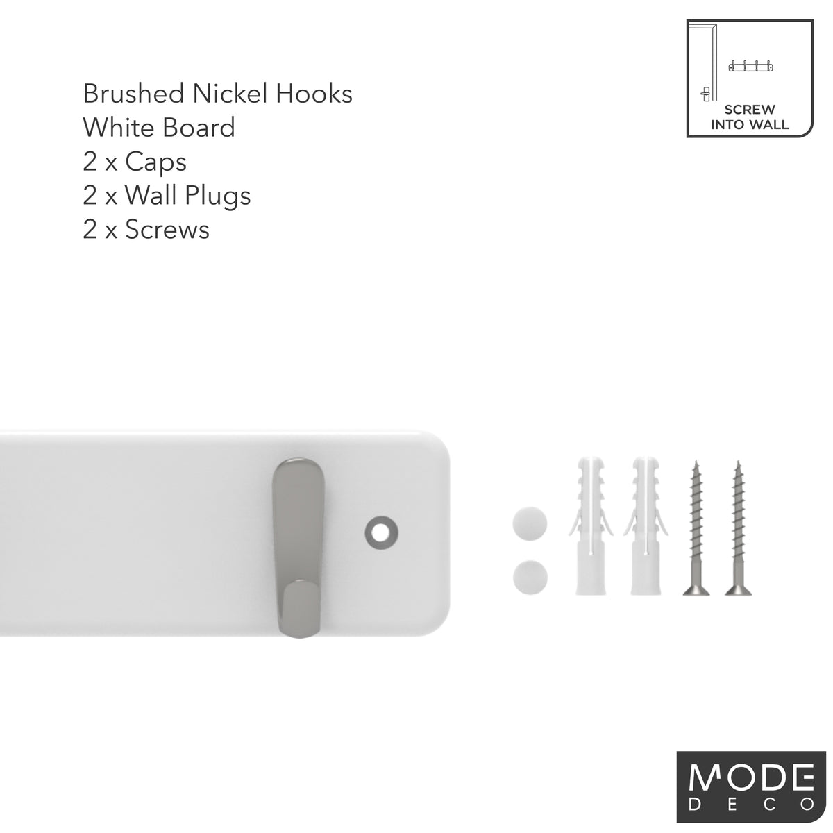 4 Brushed Nickel Hooks on White Board Hook Rack