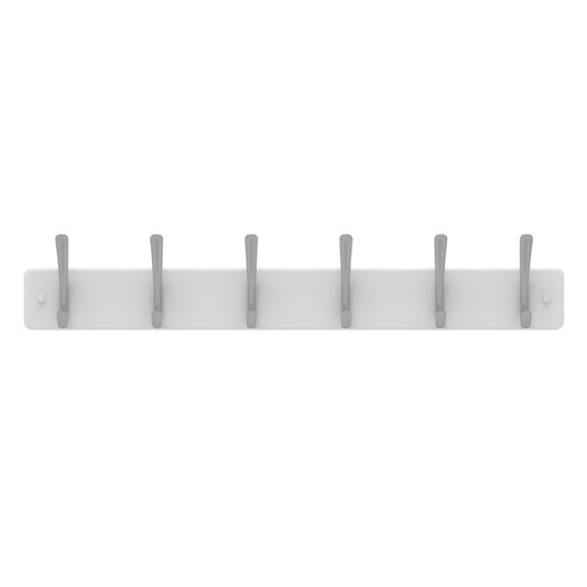 6 Brushed Nickel Hooks on White Board Hat & Coat Rack