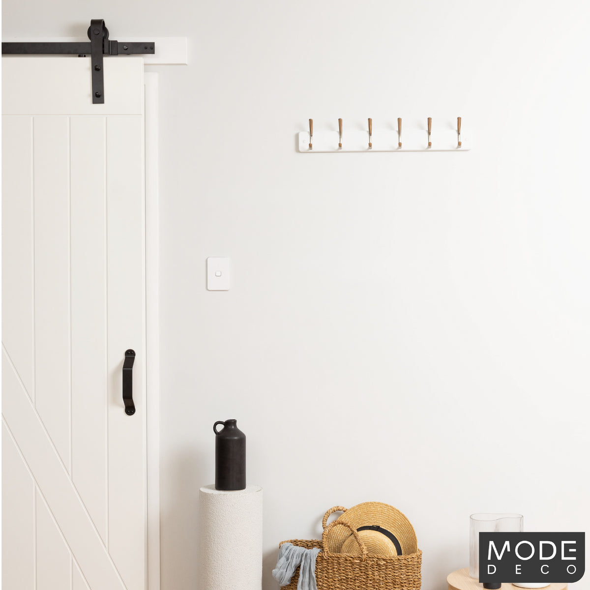 6 Brushed Nickel Hooks on White Board Hat & Coat Rack