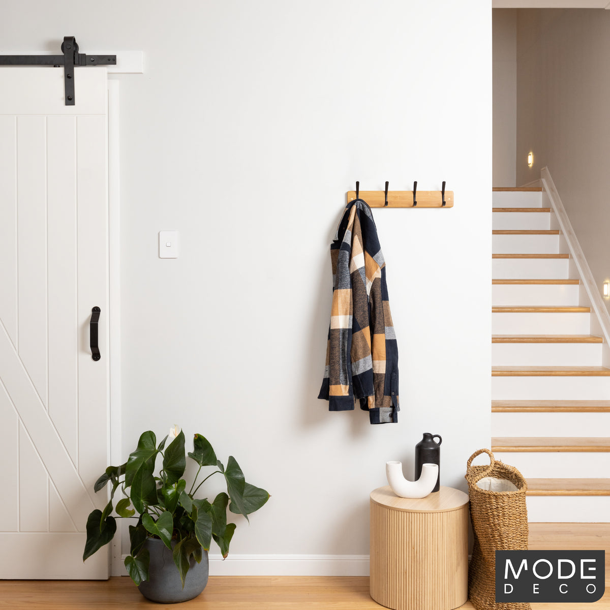 4 Black Hooks on Bamboo Board Hat & Coat Rack