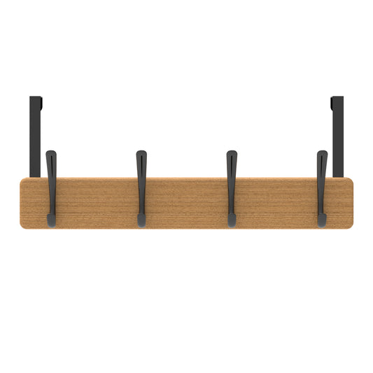 4 Black Hooks on Bamboo Board Over Door Hook