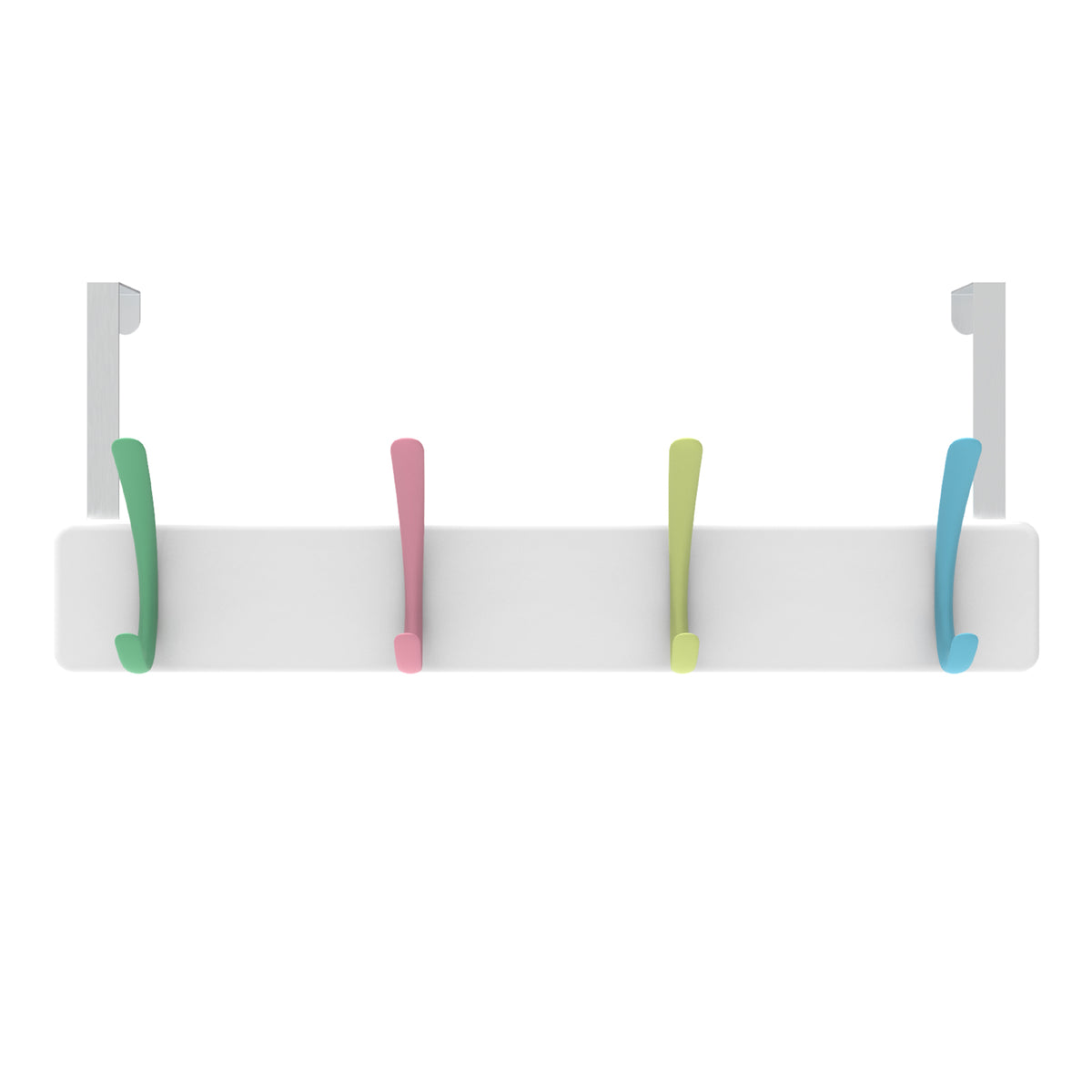 4 Pastel Hooks on White Board Over Door Hook