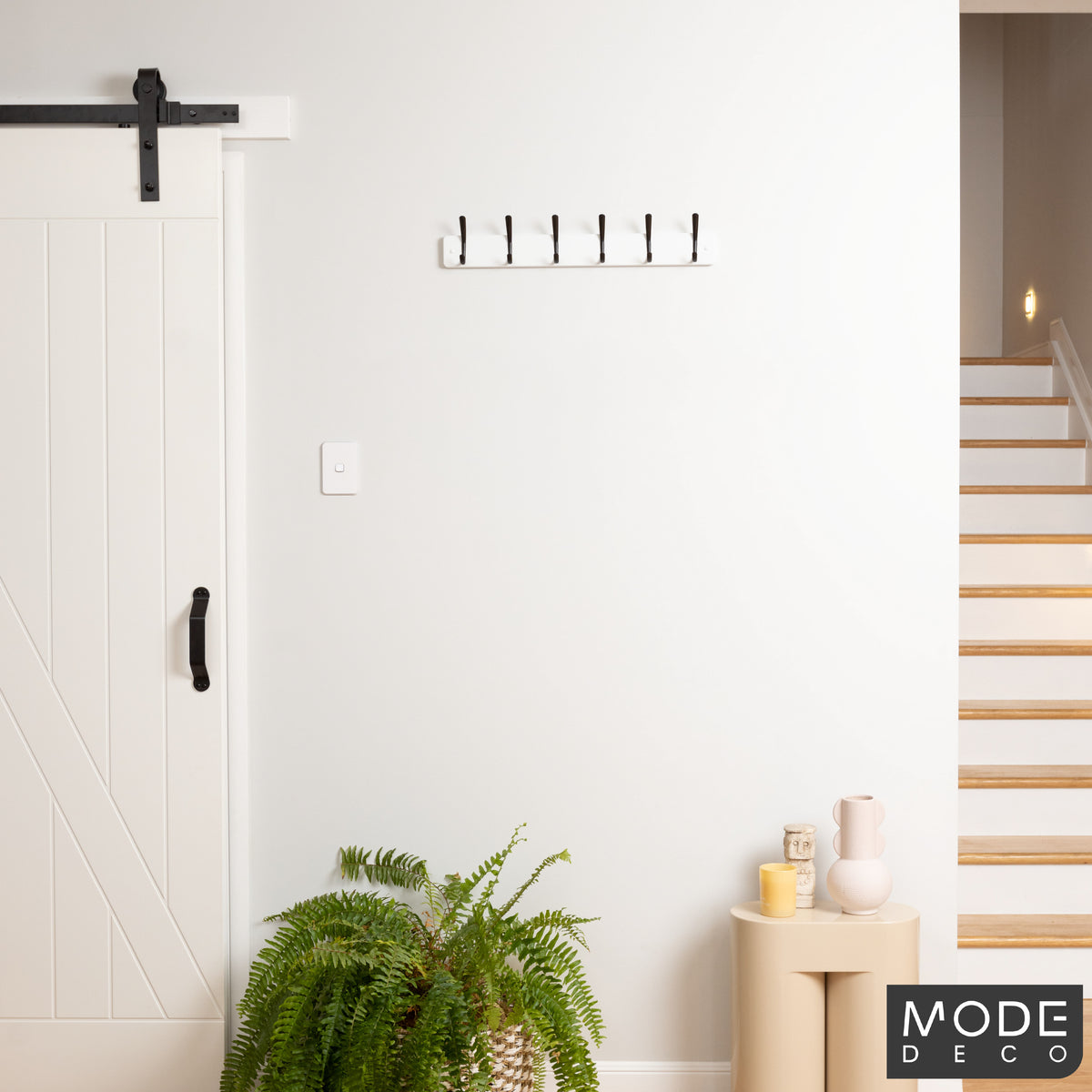 6 Black Hooks on White Board Hat & Coat Rack