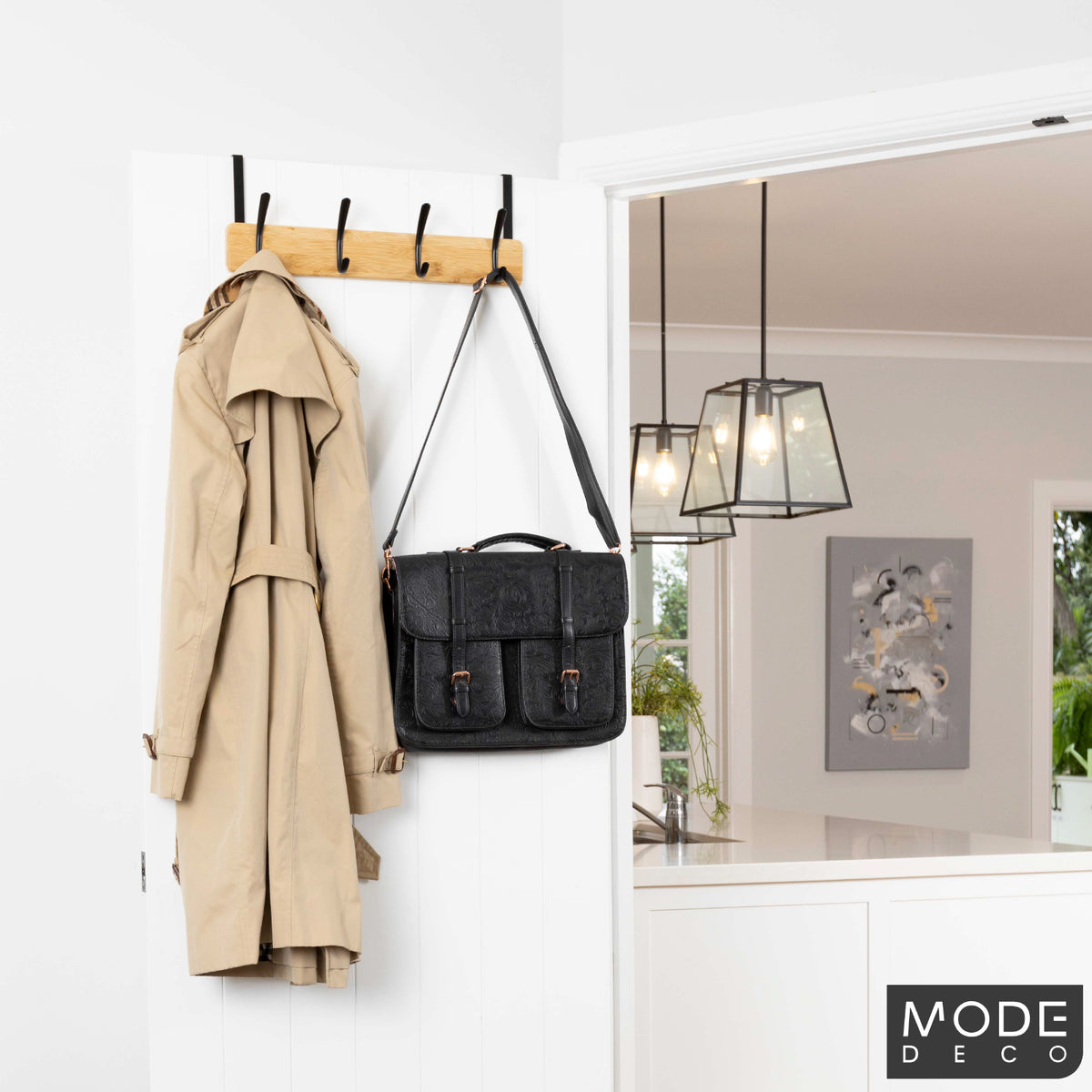 4 Black Hooks on Bamboo Board Over Door Hook